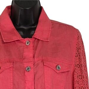 Chico's Linen Blend Jacket Crochet Sleeves Button Front Coral‎ Womens Size 1